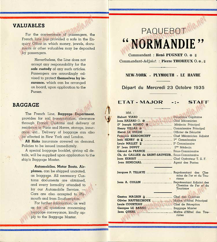 PAQUEBOT S.S NORMANDIE - LISTE PASSAGERS DU 23 OCTOBRE 1935 - 1ère et 2ème CLASSE / 1-2-3