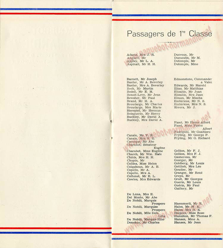 PAQUEBOT S.S NORMANDIE - LISTE PASSAGERS DU 23 OCTOBRE 1935 - 1ère et 2ème CLASSE / 1-2-4
