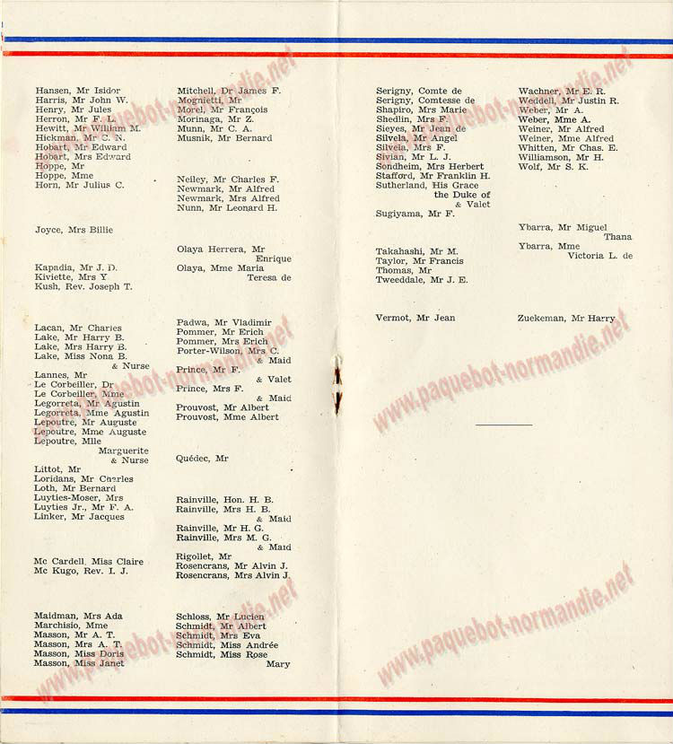 PAQUEBOT S.S NORMANDIE - LISTE PASSAGERS DU 23 OCTOBRE 1935 - 1ère et 2ème CLASSE / 1-2-5