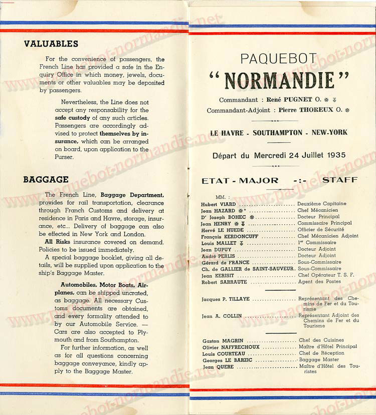 Paquebot s/s Normandie - LISTE PASSAGERS - PASSENGERS LIST 24.07.35 / 1-3