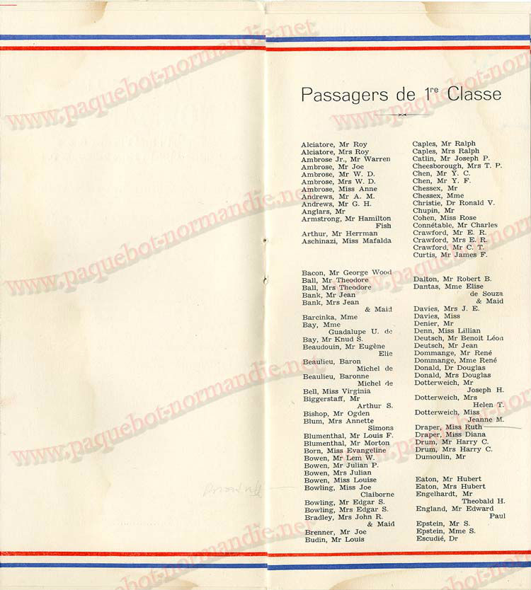 Paquebot s/s Normandie - LISTE PASSAGERS - PASSENGERS LIST 24.07.35 / 1-4