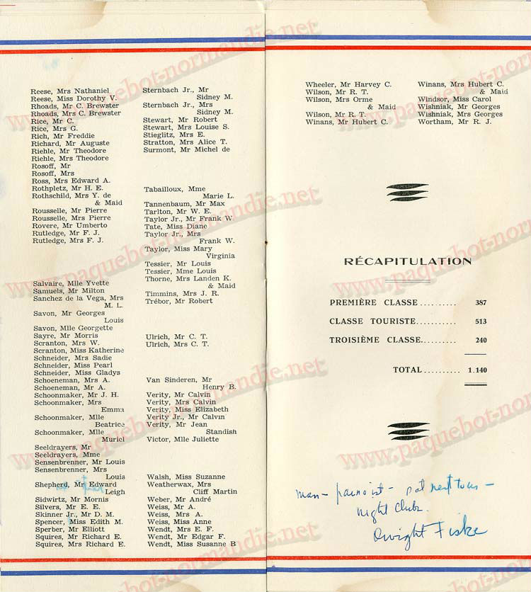 Paquebot s/s Normandie - LISTE PASSAGERS - PASSENGERS LIST 24.07.35 / 1-6