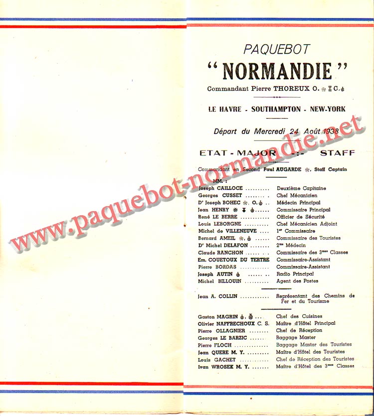 PAQUEBOT NORMANDIE - LISTE DES PASSAGERS DU 24 AOUT 1938 - 2ème CLASSE / 2-3