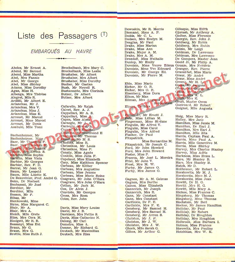 PAQUEBOT NORMANDIE - LISTE DES PASSAGERS DU 24 AOUT 1938 - 2ème CLASSE / 2-4