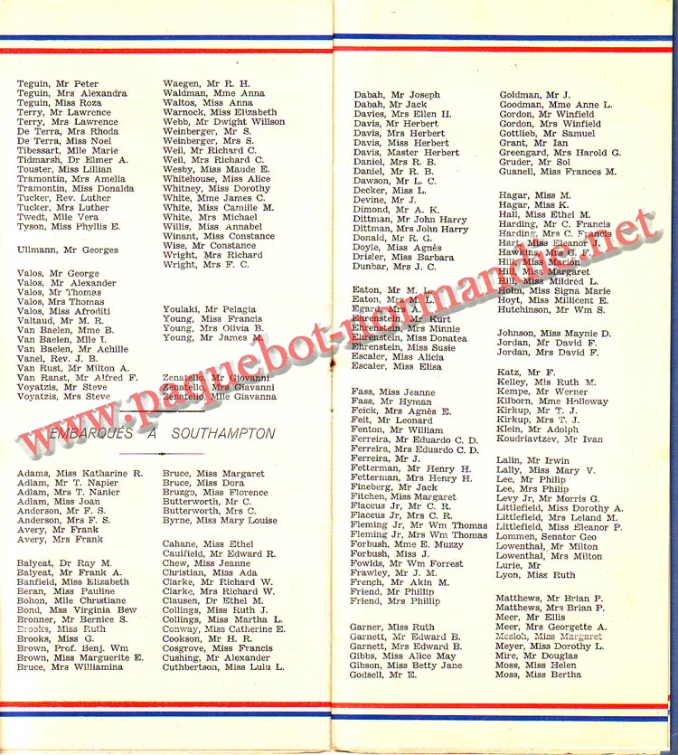 PAQUEBOT NORMANDIE - LISTE DES PASSAGERS DU 24 AOUT 1938 - 2ème CLASSE / 2-6