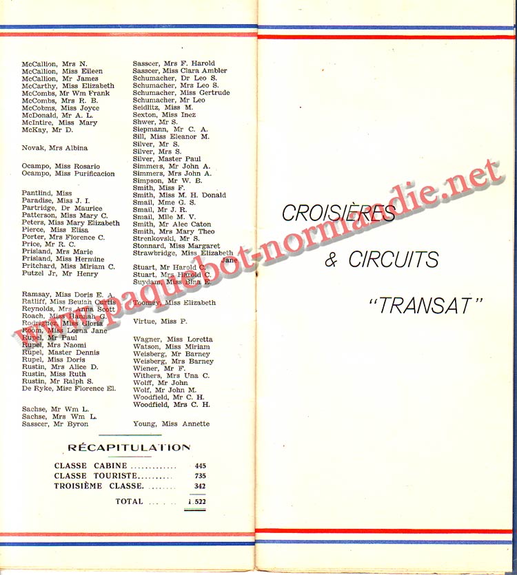 PAQUEBOT NORMANDIE - LISTE DES PASSAGERS DU 24 AOUT 1938 - 2ème CLASSE / 2-7