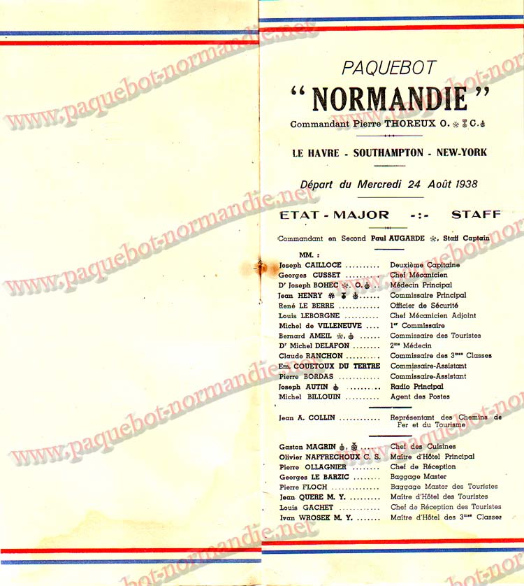 S.S NORMANDIE - LISTE PASSAGERS DU 24 AOT 1938 - 3ème CLASSE / 3-3