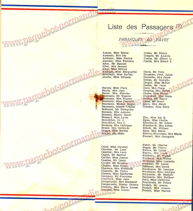 S.S NORMANDIE - LISTE PASSAGERS DU 24 AOT 1938 - 3ème CLASSE / 3-4