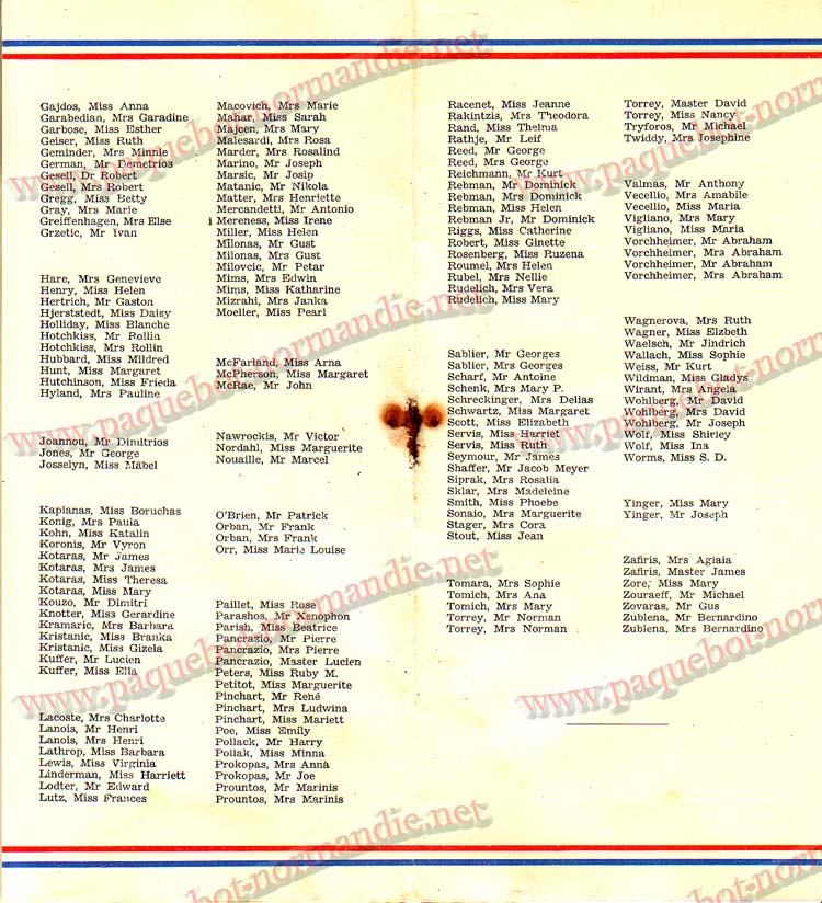 S.S NORMANDIE - LISTE PASSAGERS DU 24 AOT 1938 - 3ème CLASSE / 3-5