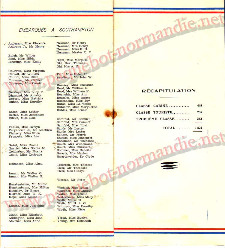 S.S NORMANDIE - LISTE PASSAGERS DU 24 AOT 1938 - 3ème CLASSE / 3-6
