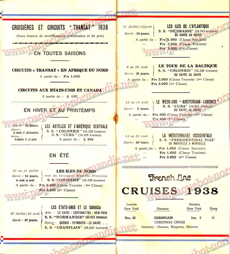 S.S NORMANDIE - LISTE PASSAGERS DU 24 AOT 1938 - 3ème CLASSE / 3-8