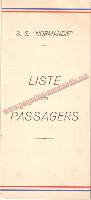 PAQUEBOT NORMANDIE - LISTE DES PASSAGERS DU 24 NOVEMBRE 1937 - 1ère CLASSE / 1-1