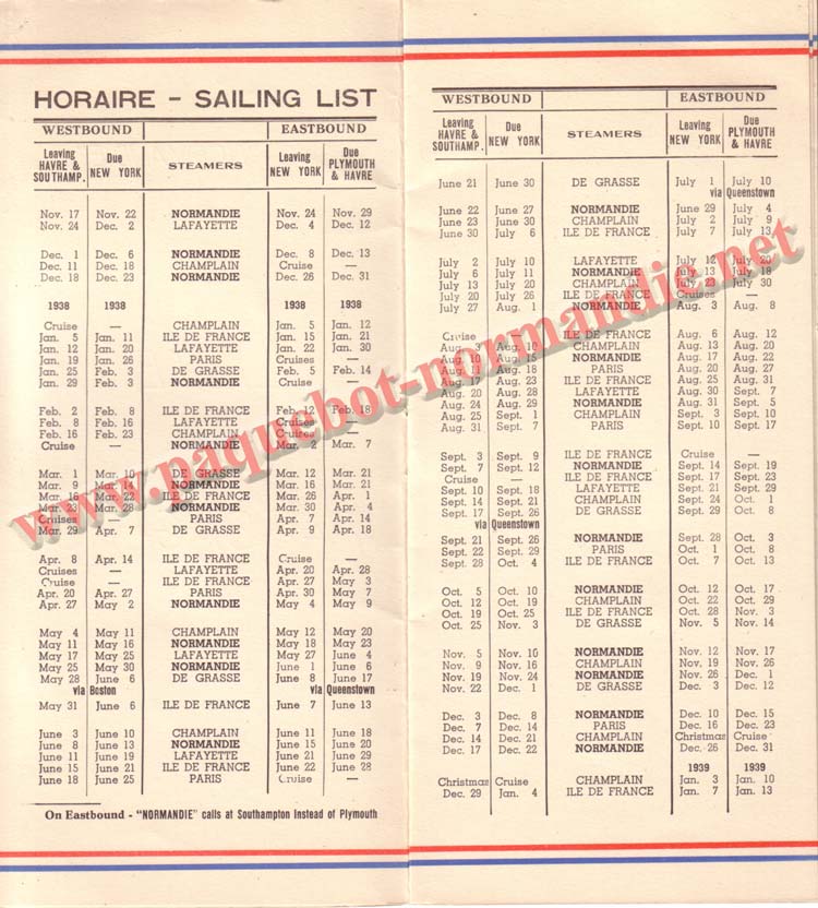 PAQUEBOT NORMANDIE - LISTE DES PASSAGERS DU 3 NOVEMBRE 1937 - 1ère CLASSE / 1-2