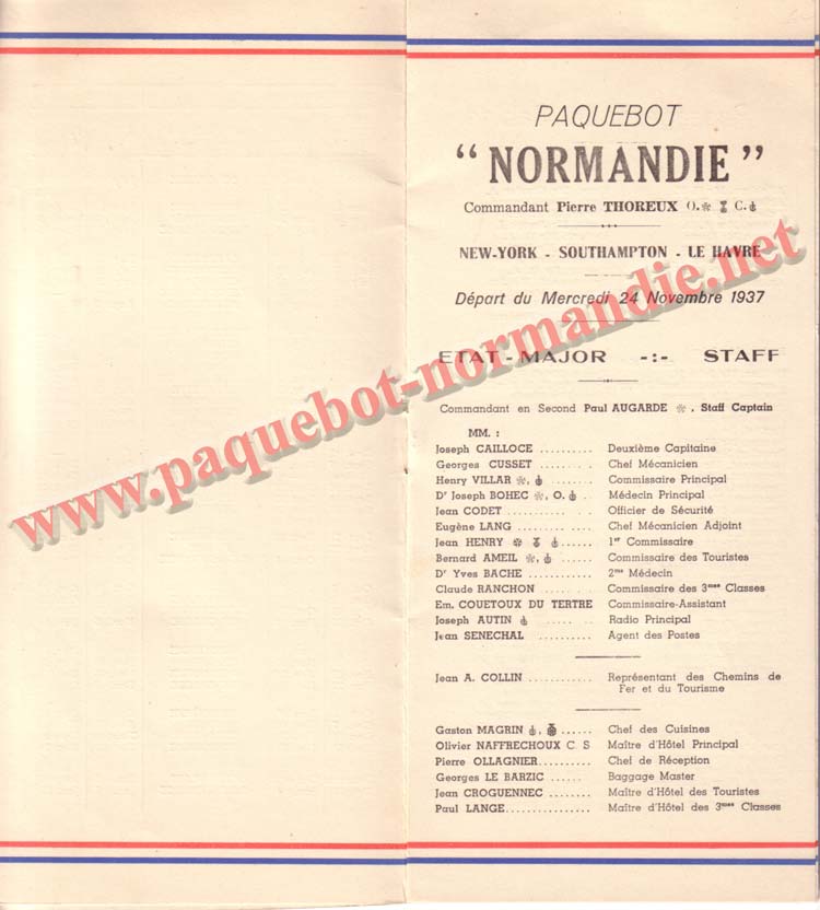 PAQUEBOT NORMANDIE - LISTE DES PASSAGERS DU 3 NOVEMBRE 1937 - 1ère CLASSE / 1-3