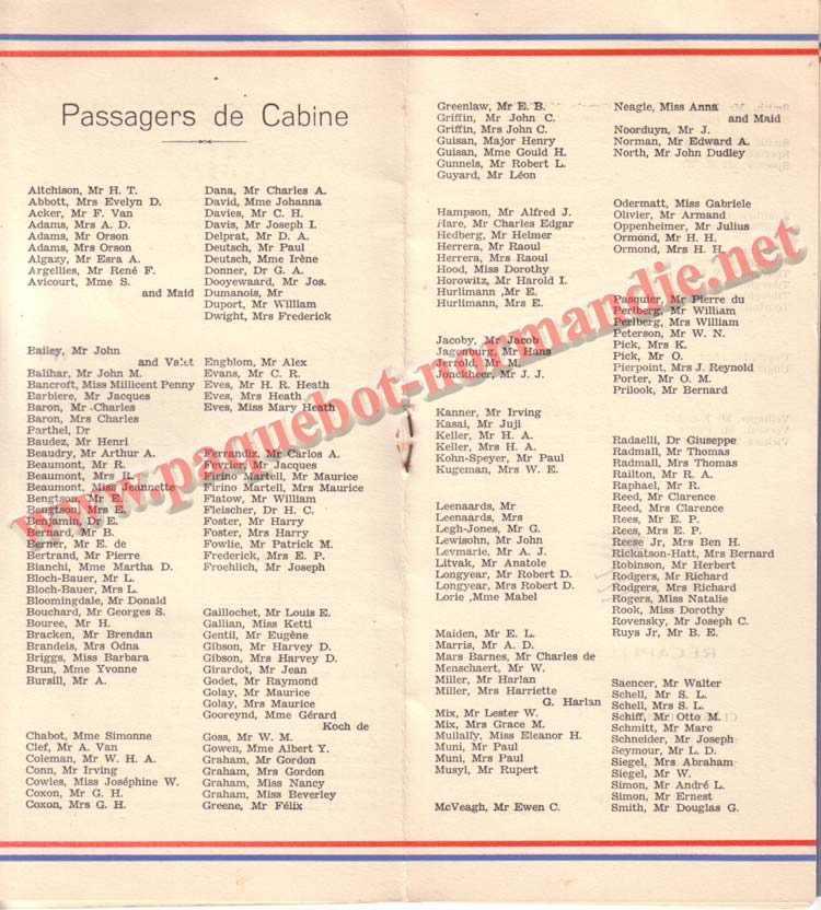 PAQUEBOT NORMANDIE - LISTE DES PASSAGERS DU 3 NOVEMBRE 1937 - 1ère CLASSE / 1-4