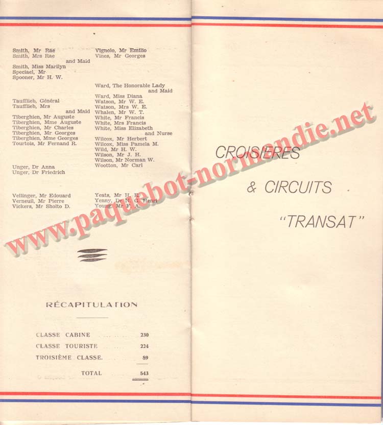 PAQUEBOT NORMANDIE - LISTE DES PASSAGERS DU 3 NOVEMBRE 1937 - 1ère CLASSE / 1-5