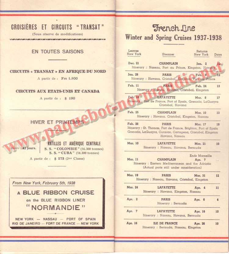 PAQUEBOT NORMANDIE - LISTE DES PASSAGERS DU 3 NOVEMBRE 1937 - 1ère CLASSE / 1-6