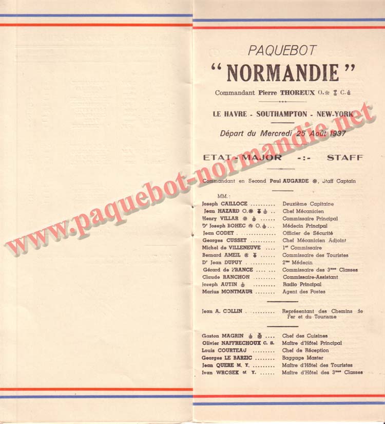 PAQUEBOT NORMANDIE - LISTE DES PASSAGERS DU 25 AOUT 1937 - 2ème CLASSE / 2-3