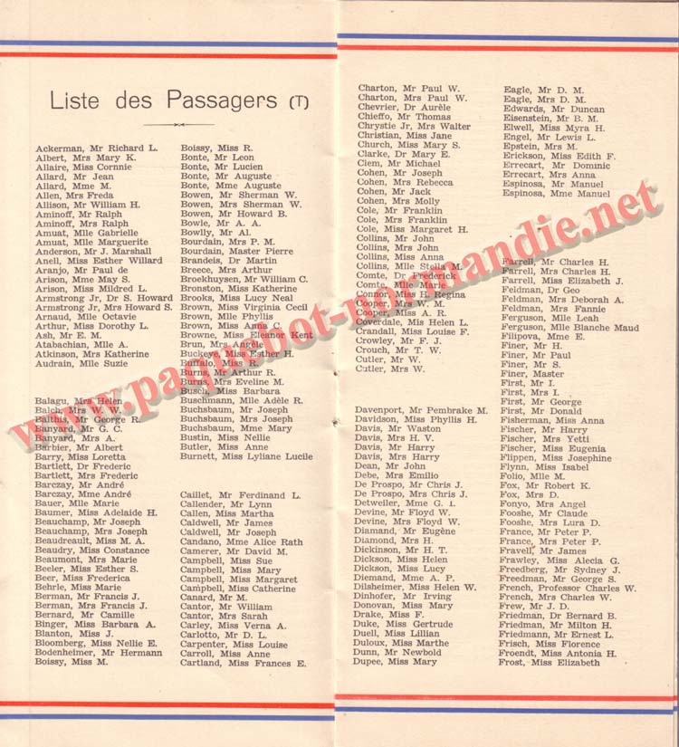 PAQUEBOT NORMANDIE - LISTE DES PASSAGERS DU 25 AOUT 1937 - 2ème CLASSE / 2-4