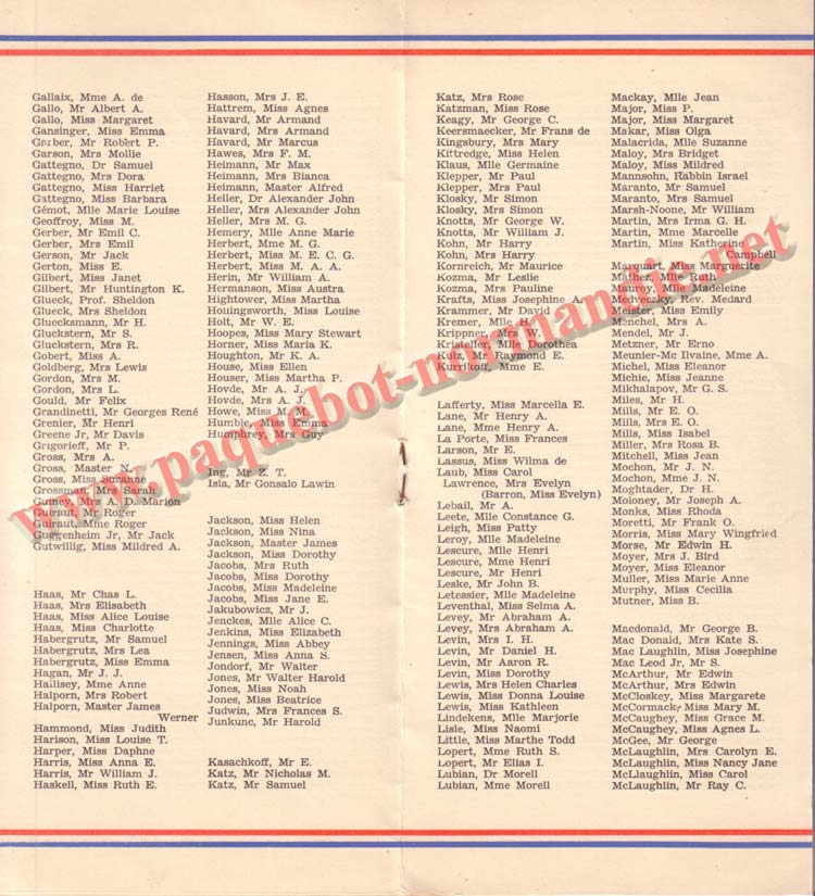PAQUEBOT NORMANDIE - LISTE DES PASSAGERS DU 25 AOUT 1937 - 2ème CLASSE / 2-5