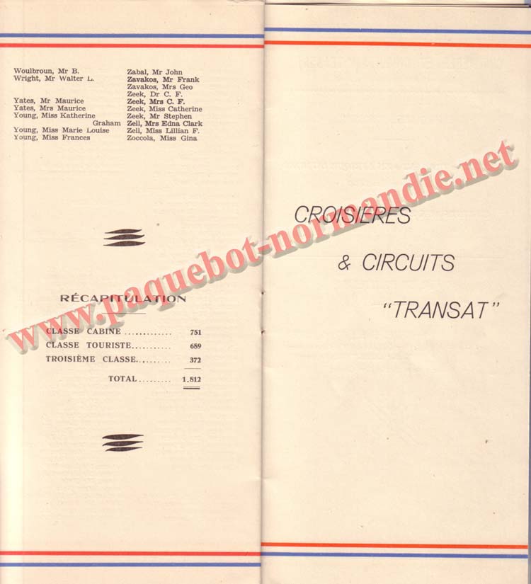 PAQUEBOT NORMANDIE - LISTE DES PASSAGERS DU 25 AOUT 1937 - 2ème CLASSE / 2-7