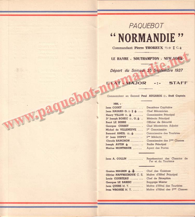 PAQUEBOT NORMANDIE - LISTE DES PASSAGERS DU 25 SEPTEMBRE 1937 - 2ème CLASSE / 2-3