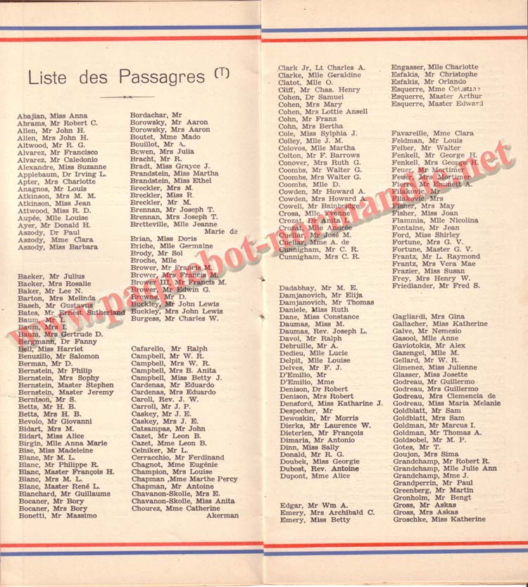 PAQUEBOT NORMANDIE - LISTE DES PASSAGERS DU 25 SEPTEMBRE 1937 - 2ème CLASSE / 2-4