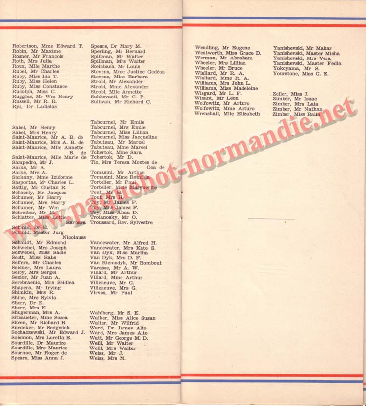 PAQUEBOT NORMANDIE - LISTE DES PASSAGERS DU 25 SEPTEMBRE 1937 - 2ème CLASSE / 2-6