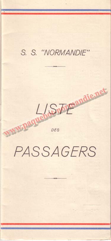 PAQUEBOT NORMANDIE - LISTE DES PASSAGERS DU 26 AVRIL 1939 - 1ère CLASSE / 1-1