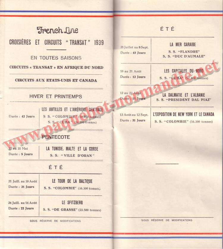 PAQUEBOT NORMANDIE - LISTE DES PASSAGERS DU 26 AVRIL 1939 - 1ère CLASSE / 1-12