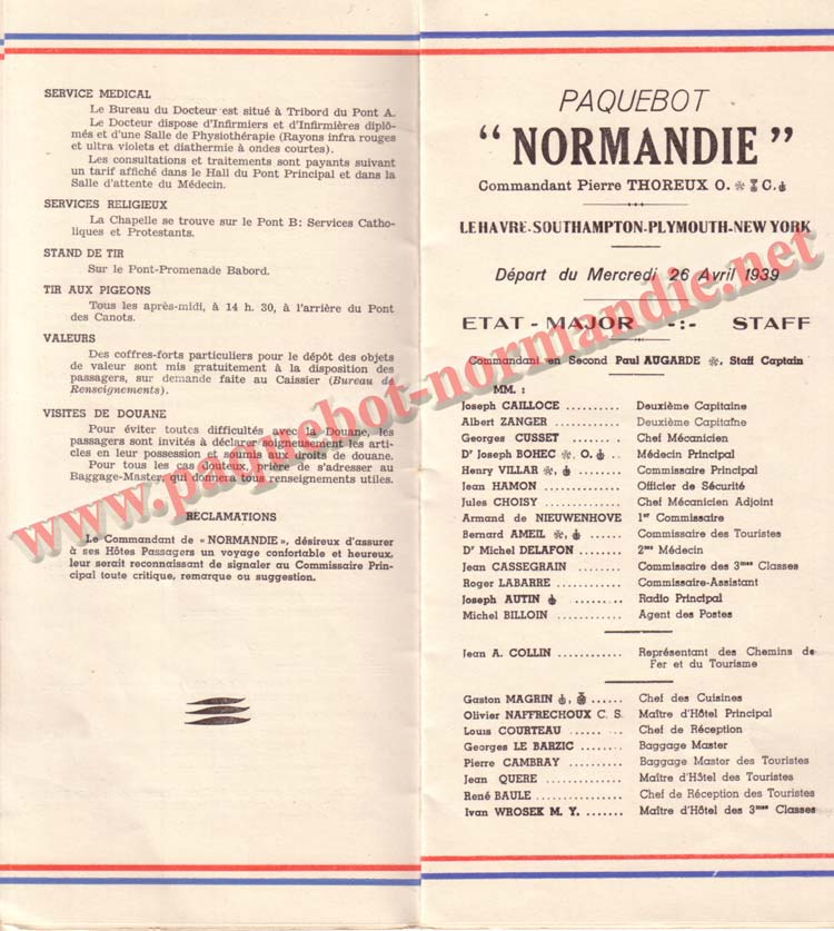 PAQUEBOT NORMANDIE - LISTE DES PASSAGERS DU 26 DECEMBRE 1938 - 1ère CLASSE / 1-5