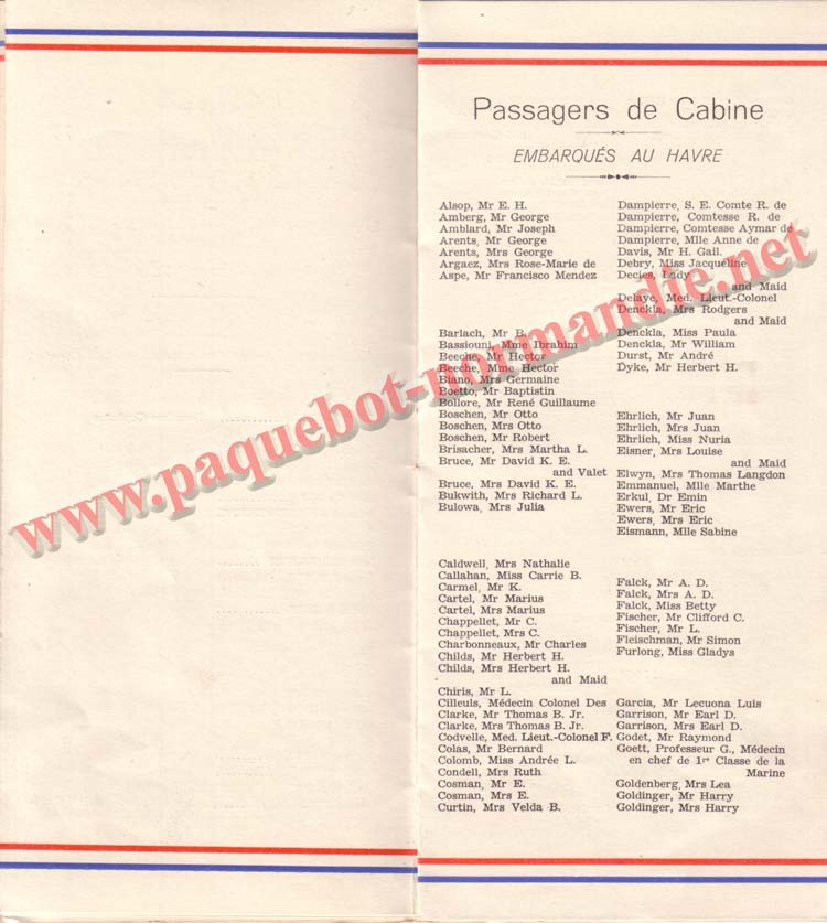 PAQUEBOT NORMANDIE - LISTE DES PASSAGERS DU 26 DECEMBRE 1938 - 1ère CLASSE / 1-6