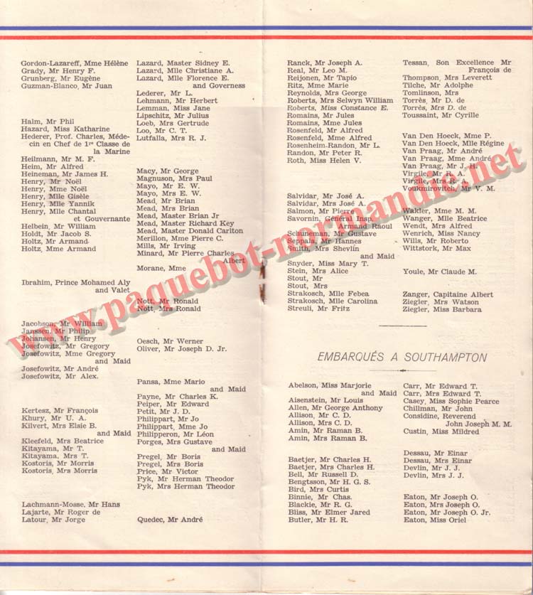 PAQUEBOT NORMANDIE - LISTE DES PASSAGERS DU 26 DECEMBRE 1938 - 1ère CLASSE / 1-7