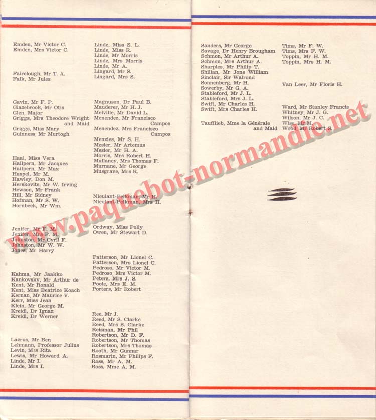 PAQUEBOT NORMANDIE - LISTE DES PASSAGERS DU 26 AVRIL 1939 - 1ère CLASSE / 1-8