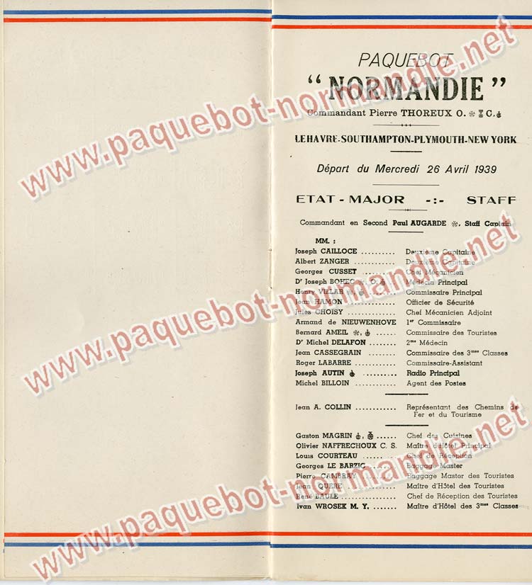 Paquebot s/s Normandie - LISTE PASSAGERS 26.04.39 / Classe Touriste - 3