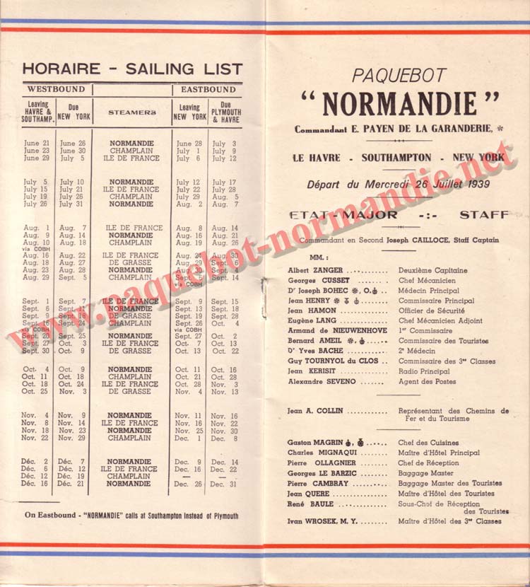 PAQUEBOT NORMANDIE - LISTE DES PASSAGERS DU 26 JUILLET 1939 - 2ème CLASSE / 2-2