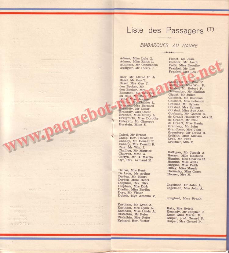 PAQUEBOT NORMANDIE - LISTE DES PASSAGERS DU 26 JUILLET 1939 - 2ème CLASSE / 2-3