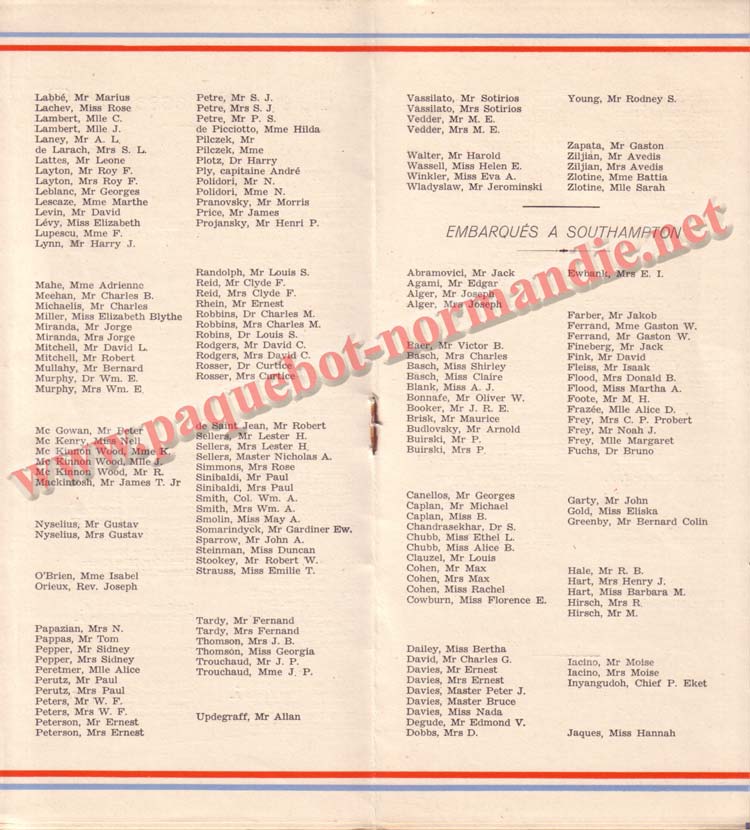 PAQUEBOT NORMANDIE - LISTE DES PASSAGERS DU 26 JUILLET 1939 - 2ème CLASSE / 2-4