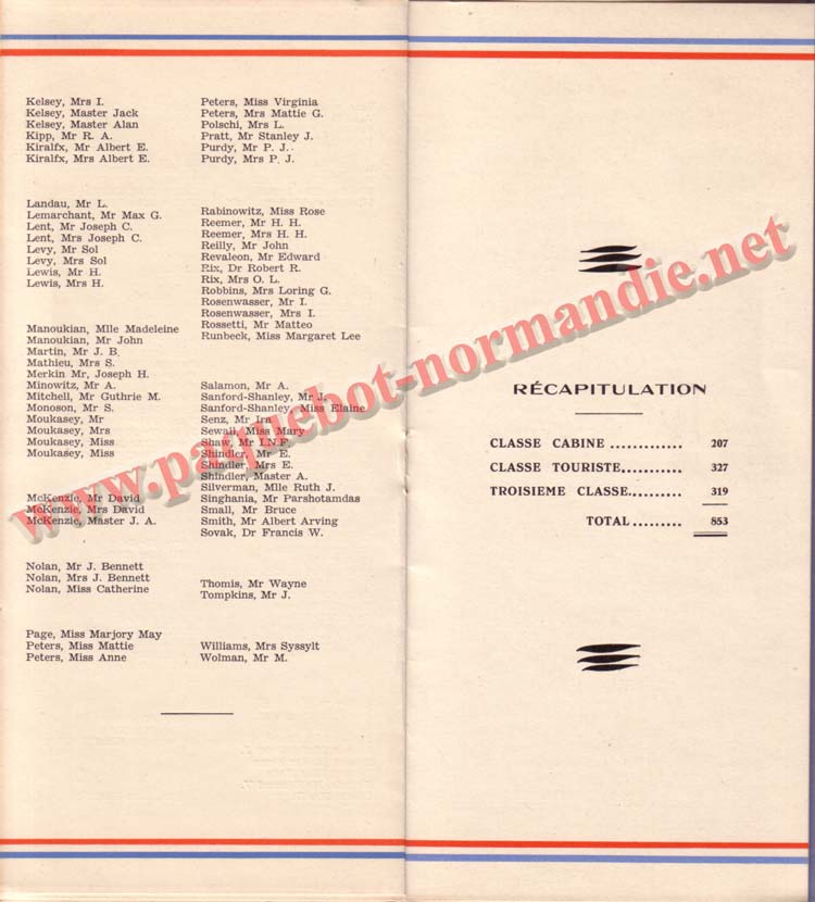 PAQUEBOT NORMANDIE - LISTE DES PASSAGERS DU 26 JUILLET 1939 - 2ème CLASSE / 2-5