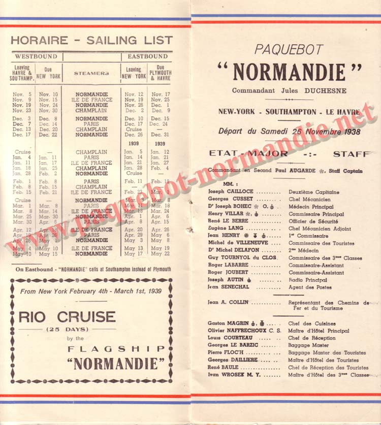 PAQUEBOT NORMANDIE - LISTE DES PASSAGERS DU 12 NOVEMBRE 1938 - 3ème CLASSE / 3-2