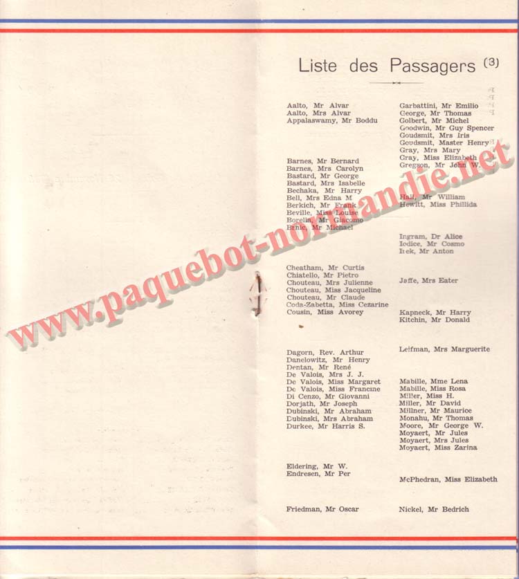 PAQUEBOT NORMANDIE - LISTE DES PASSAGERS DU 12 NOVEMBRE 1938 - 3ème CLASSE / 3-3