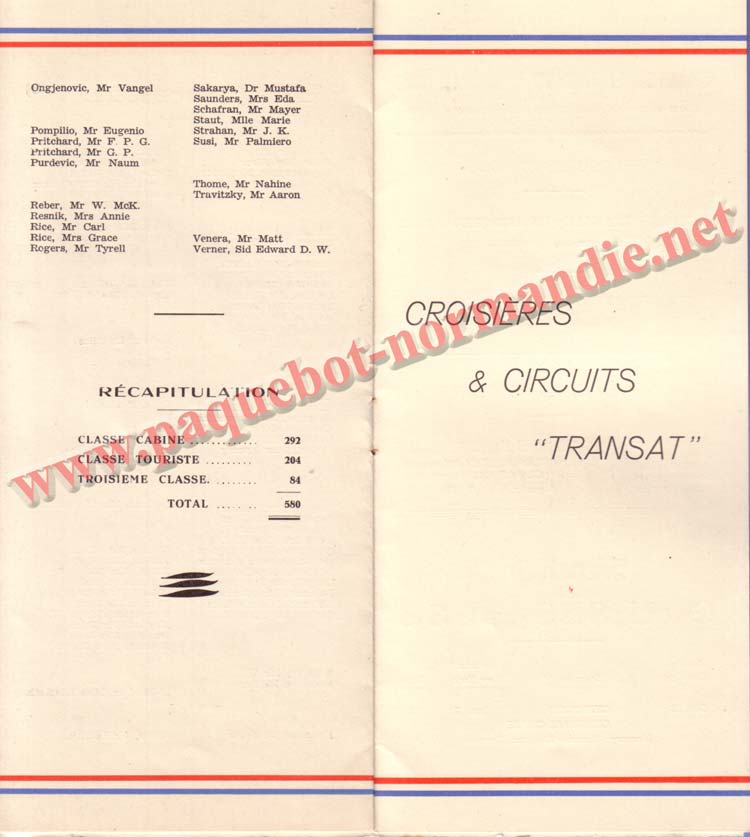 PAQUEBOT NORMANDIE - LISTE DES PASSAGERS DU 12 NOVEMBRE 1938 - 3ème CLASSE / 3-4