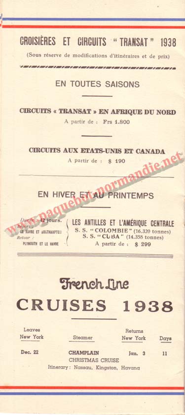 PAQUEBOT NORMANDIE - LISTE DES PASSAGERS DU 12 NOVEMBRE 1938 - 3ème CLASSE / 3-5