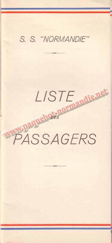 PAQUEBOT NORMANDIE - LISTE DES PASSAGERS DU 26 DECEMBRE 1938 - 1ère CLASSE / 1-1