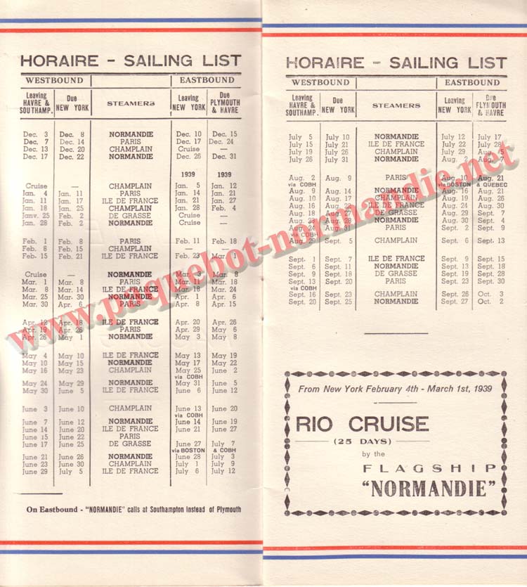 PAQUEBOT NORMANDIE - LISTE DES PASSAGERS DU 26 DECEMBRE 1938 - 1ère CLASSE / 1-2