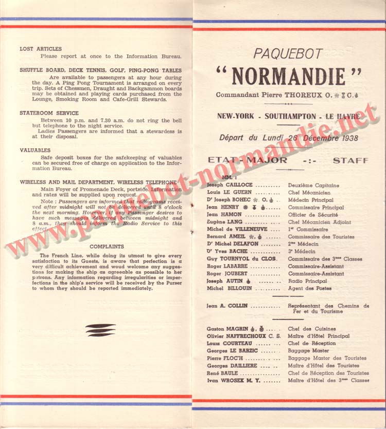 PAQUEBOT NORMANDIE - LISTE DES PASSAGERS DU 26 DECEMBRE 1938 - 1ère CLASSE / 1-5