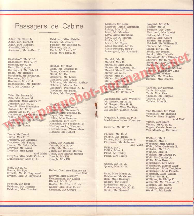 PAQUEBOT NORMANDIE - LISTE DES PASSAGERS DU 26 DECEMBRE 1938 - 1ère CLASSE / 1-6