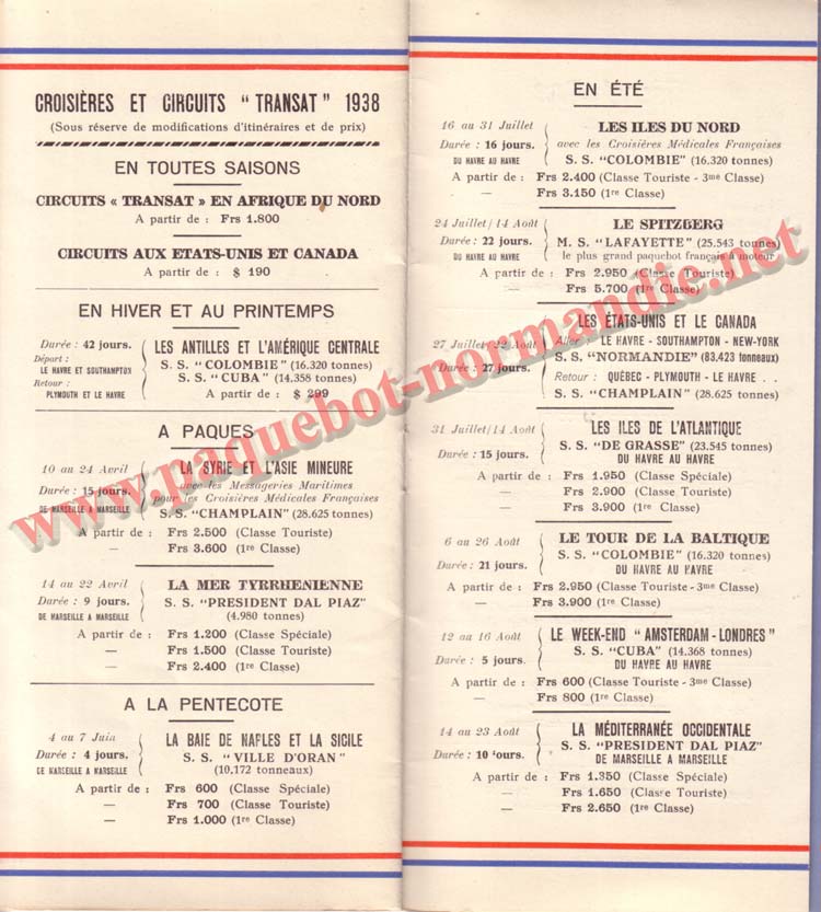 PAQUEBOT NORMANDIE - LISTE DES PASSAGERS DU 27 AVRIL 1938 - 1ère CLASSE / 1-10