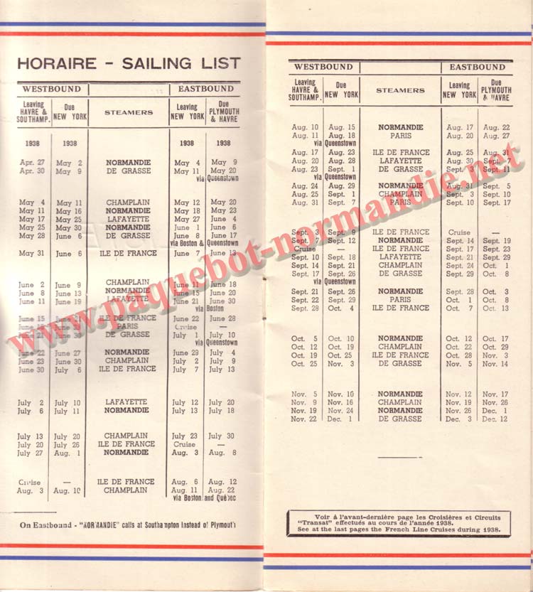 PAQUEBOT NORMANDIE - LISTE DES PASSAGERS DU 27 AVRIL 1938 - 1ère CLASSE / 1-2