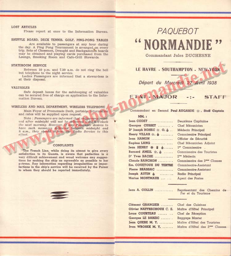 PAQUEBOT NORMANDIE - LISTE DES PASSAGERS DU 27 AVRIL 1938 - 1ère CLASSE / 1-5